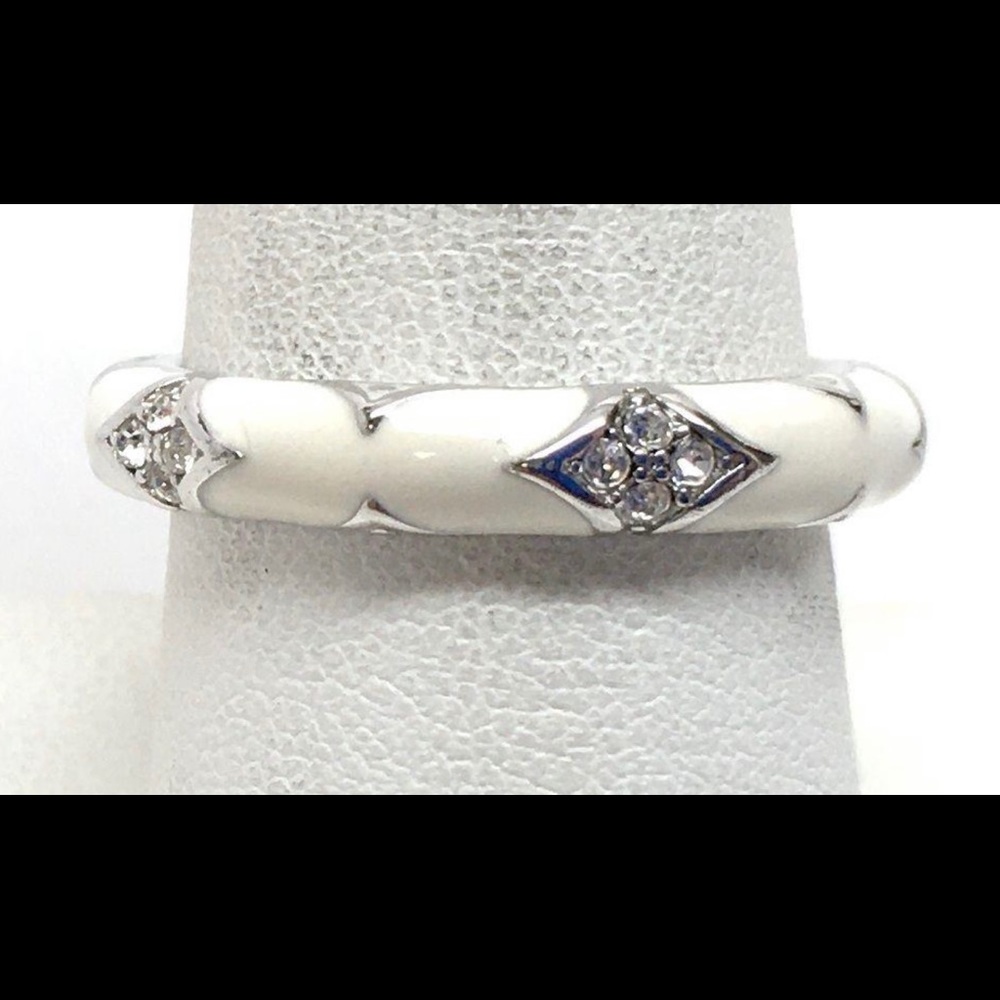 Lauren G Adams White Enamel Silver and Crystal Ring Size 8